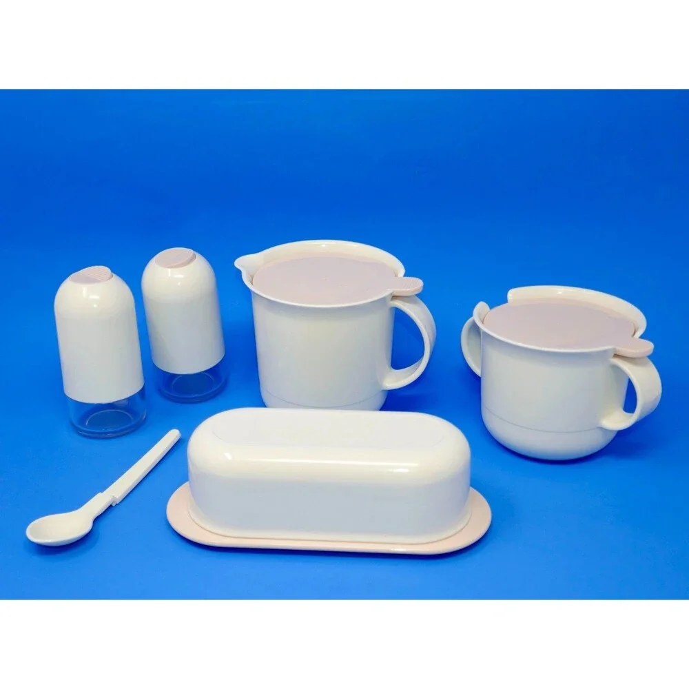 Tupperware Vintage Pink White Tabletop Set ~ Creamer Sugar Spoon Butter Shakers